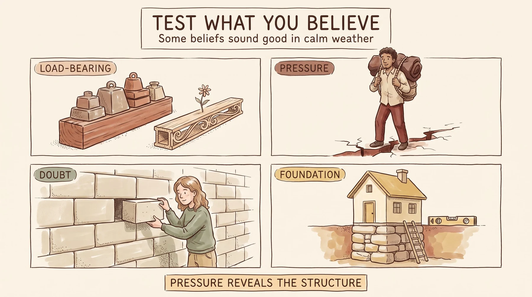 Infographic titled Test What You Believe, subtitled Some beliefs sound good in calm weather, drawn as a hand-illustrated sketch. Four hand-ruled panels in a two by two grid. LOAD-BEARING shows two beams side by side, one solid and carrying stacked weights, the other hollow and decorative with a flower balanced on top. PRESSURE shows a young man standing firm while carrying a heavy load, with cracks opening in the ground beneath him. DOUBT shows a young woman taking one block out of a wall and examining it honestly. FOUNDATION shows a small house on deep stacked stone foundations, with a ladder and a spirit level. A banner across the foot reads: Pressure reveals the structure.