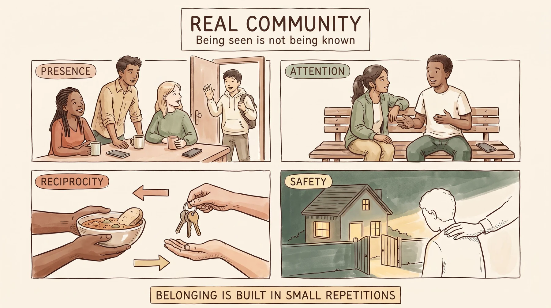 Infographic titled Real Community, subtitled Being seen is not being known, drawn as a hand-illustrated sketch. Four hand-ruled panels in a two by two grid. PRESENCE shows three young people at a low table with mugs and phones laid face down, and a fourth arriving through the door. ATTENTION shows two young people on a bench, one leaning in and listening, with a phone left untouched beside them. RECIPROCITY shows two hands passing a bowl of food one way and a set of keys the other, with arrows in both directions. SAFETY shows a small house with a lit window and an open gate, and a hand resting on a shoulder. A banner across the foot reads: Belonging is built in small repetitions.