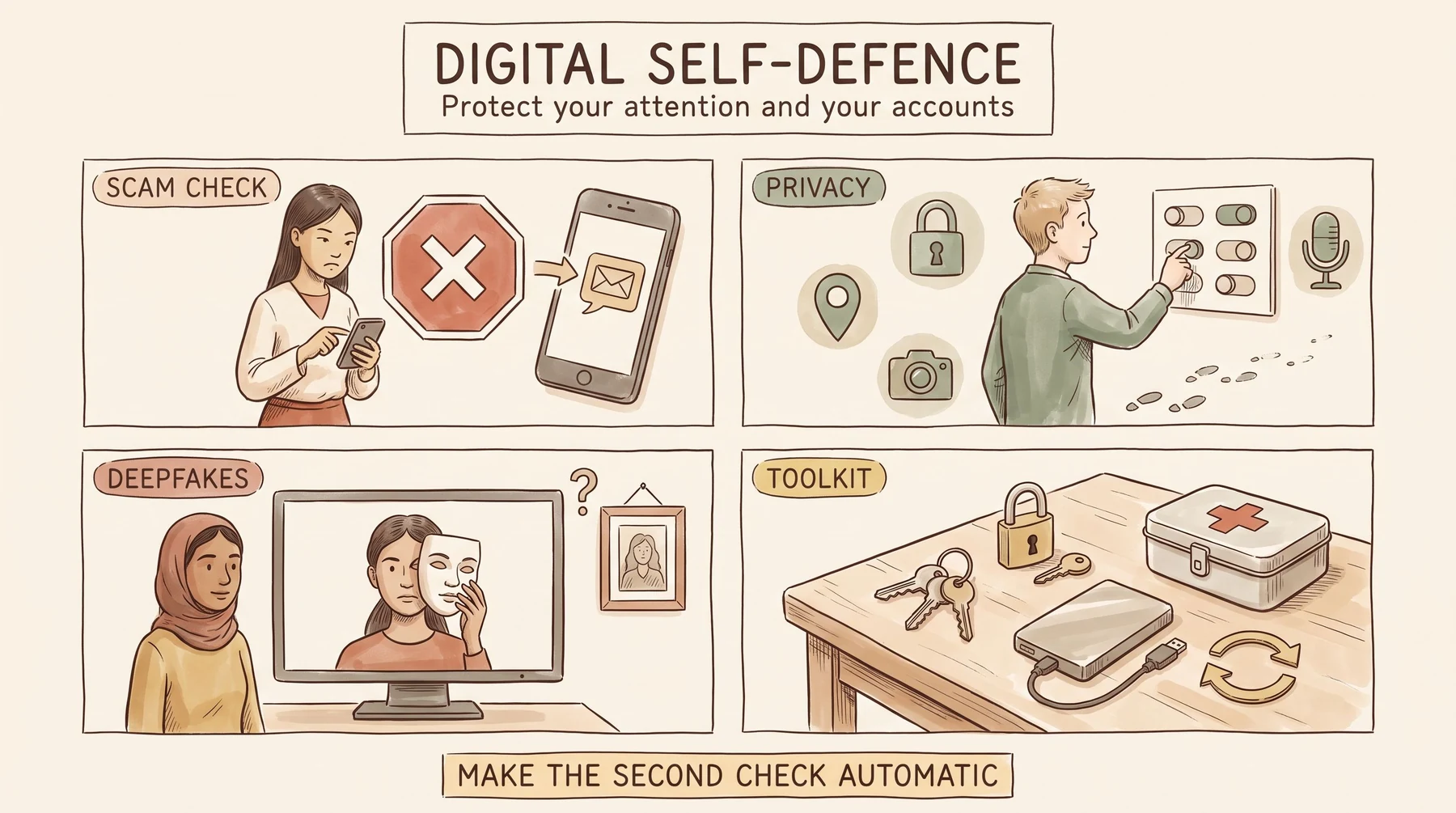 Infographic titled Digital Self-Defence, subtitled Protect your attention and your accounts, drawn as a hand-illustrated sketch. Four hand-ruled panels in a two by two grid, each with a small label chip. SCAM CHECK shows a young woman with a phone receiving an urgent message, a large stop sign, and the same message arriving on a second phone, illustrating the check through a second channel. PRIVACY shows a young man toggling permission switches beside a padlock and location, camera and microphone icons, with a trail of footprints crossing the floor. DEEPFAKES shows a young woman beside a screen carrying a face with a mask partly lifted away, with a framed photograph nearby. TOOLKIT shows an orderly set of ordinary security objects: a set of keys, a padlock, a backup drive, an update arrow and a first-aid tin. A banner across the foot reads: Make the second check automatic.