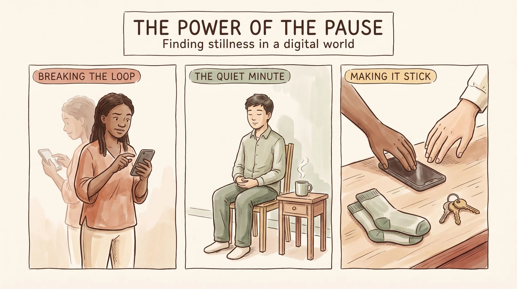 Infographic of the quiet minute practice in three panels, drawn as a hand-illustrated sketch. One, breaking the loop: a young woman pauses with a phone in her hand mid-reach, showing the automatic reach and the choice to stop rather than let an app keep playing. Two, the quiet minute practice: a young man sits still with his eyes closed, and the notes explain that wandering is part of the process and noticing is not solving. Three, making stillness stick: two hands lay a phone face down, showing that you move distracting apps off the home screen and attach the pause to a routine by practising for one minute after brushing your teeth or before opening a laptop.