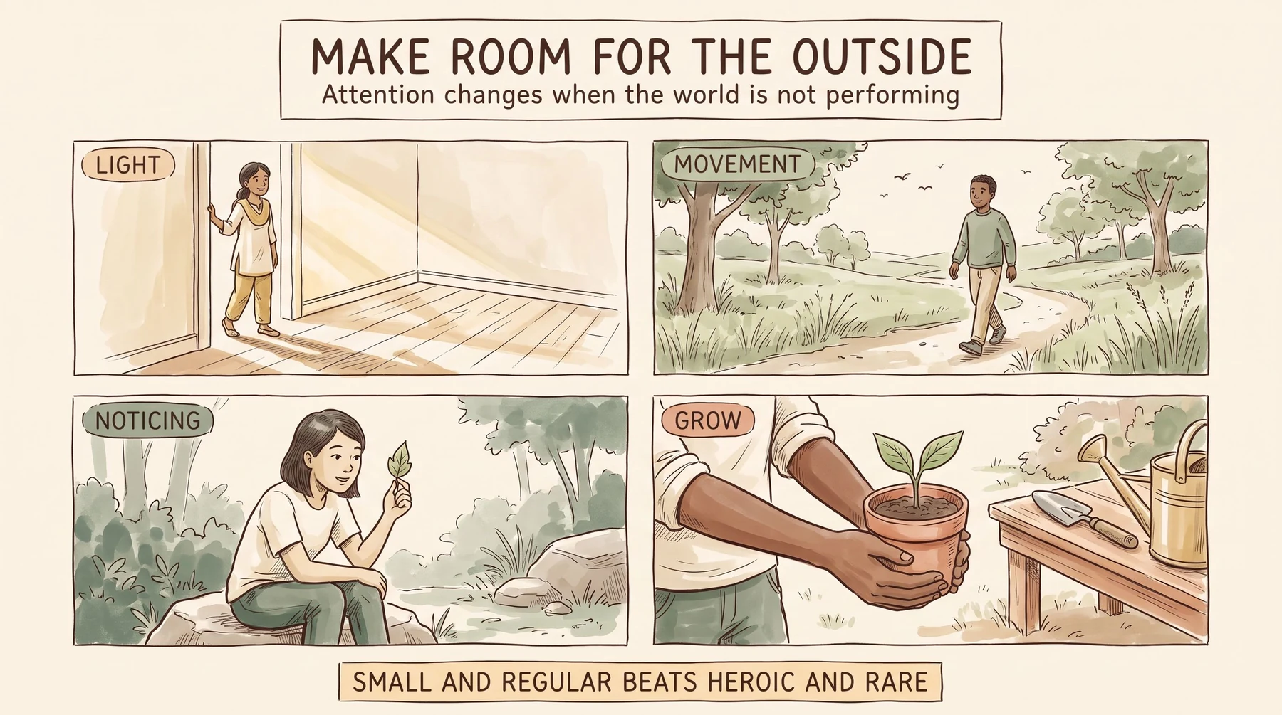 Infographic titled Make Room for the Outside, subtitled Attention changes when the world is not performing, drawn as a hand-illustrated sketch. Four hand-ruled panels in a two by two grid. LIGHT shows a young woman standing in an open doorway as early sunlight falls across the floor. MOVEMENT shows a young man walking a path past trees and grasses with birds overhead. NOTICING shows a young woman sitting on a low rock looking closely at a leaf. GROW shows two hands holding a potted seedling, with a trowel and a watering can on a bench. A banner across the foot reads: Small and regular beats heroic and rare.