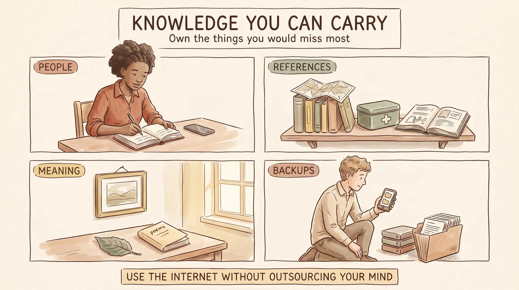 Infographic titled Knowledge You Can Carry, subtitled Own the things you would miss most, drawn as a hand-illustrated sketch. Four hand-ruled panels in a two by two grid. PEOPLE shows a young woman writing names and numbers into a paper address book, with a phone switched off beside her. REFERENCES shows a shelf of practical books with a folded map, a first-aid tin and a repair manual. MEANING shows a framed photograph, a pressed leaf and a book of poems or songs. BACKUPS shows a young man with a stack of drives, printed notes and a device holding saved files. A banner across the foot reads: Use the internet without outsourcing your mind.