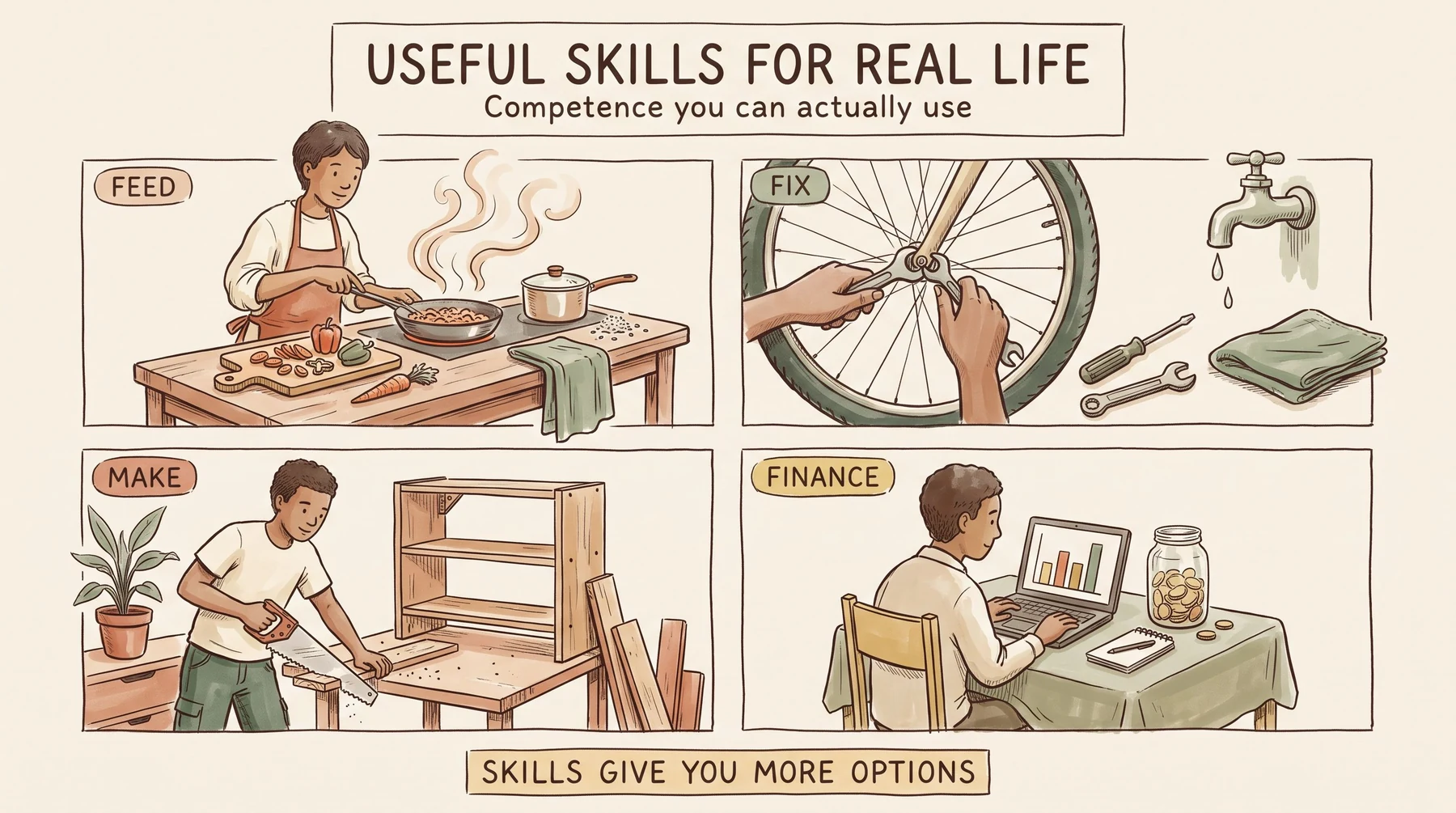 Infographic titled Useful Skills for Real Life, subtitled Competence you can actually use, drawn as a hand-illustrated sketch. Four hand-ruled panels in a two by two grid, each with a small label chip in its top-left corner. FEED shows a young person at a kitchen worktop cooking: a pan on the hob with steam, a wooden chopping board with chopped vegetables, a small pot of rice and a folded cloth. FIX shows two hands with a spanner over a bicycle wheel, with a screwdriver, a wrench, a dripping tap and a folded cloth in sage green. MAKE shows a young person at a workbench sawing timber to build a small wooden shelf, with loose timber and a small potted plant. FINANCE shows a young person at a desk with an open laptop displaying one plain bar chart of three columns, a glass jar holding coins, and a small notebook on a sage green cloth. A banner across the foot reads: Skills give you more options.