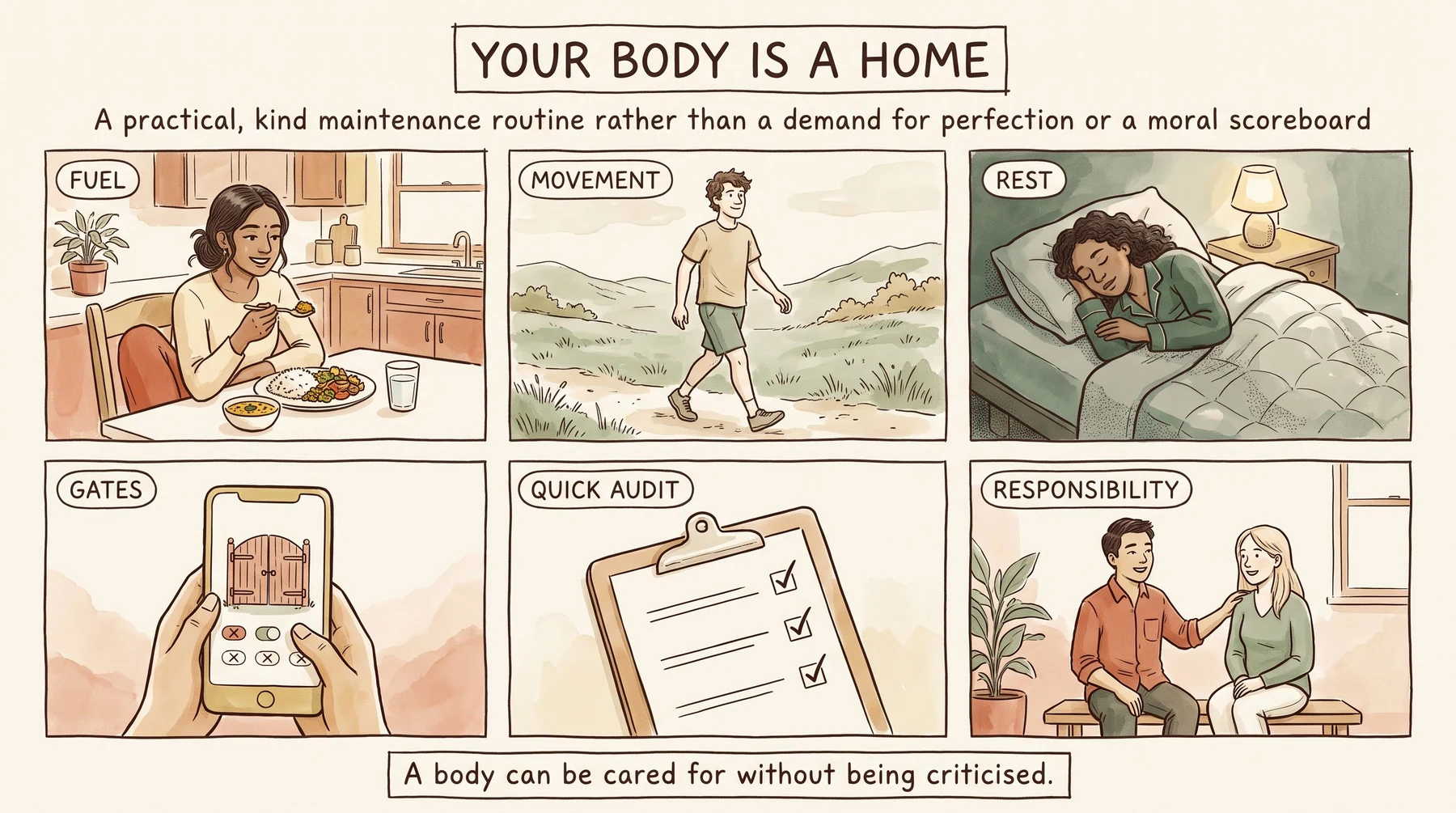Infographic titled Your Body is a Home, Not a Project, drawn as a hand-illustrated sketch. A practical, kind maintenance routine rather than a demand for perfection or a moral scoreboard. Six labelled scenes: Fuel: a young woman eating a simple meal at a home table, regular and realistic, focus on eating patterns you can actually live with; Movement: a young man walking outdoors, useful or enjoyable, start below the level that makes you dread repeating it; Rest: a young woman asleep, not a reward, sleep as a requirement for recovery; Gates: two hands holding a phone behind a garden gate, protecting your space, use boundaries like muting notifications; Quick Audit Tool: a clipboard with three questions ticked, on food, rest and support; Taking Responsibility Without Blame: two young people talking on a bench, support is part of the work, and The Seven-Day Kind Adjustment. Banner at the foot: A body can be cared for without being criticised.